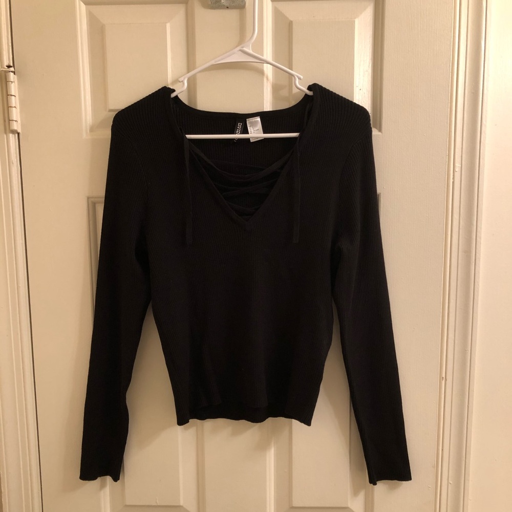 H&M - Black Ribbed Long Sleeve w/ String Lace Up